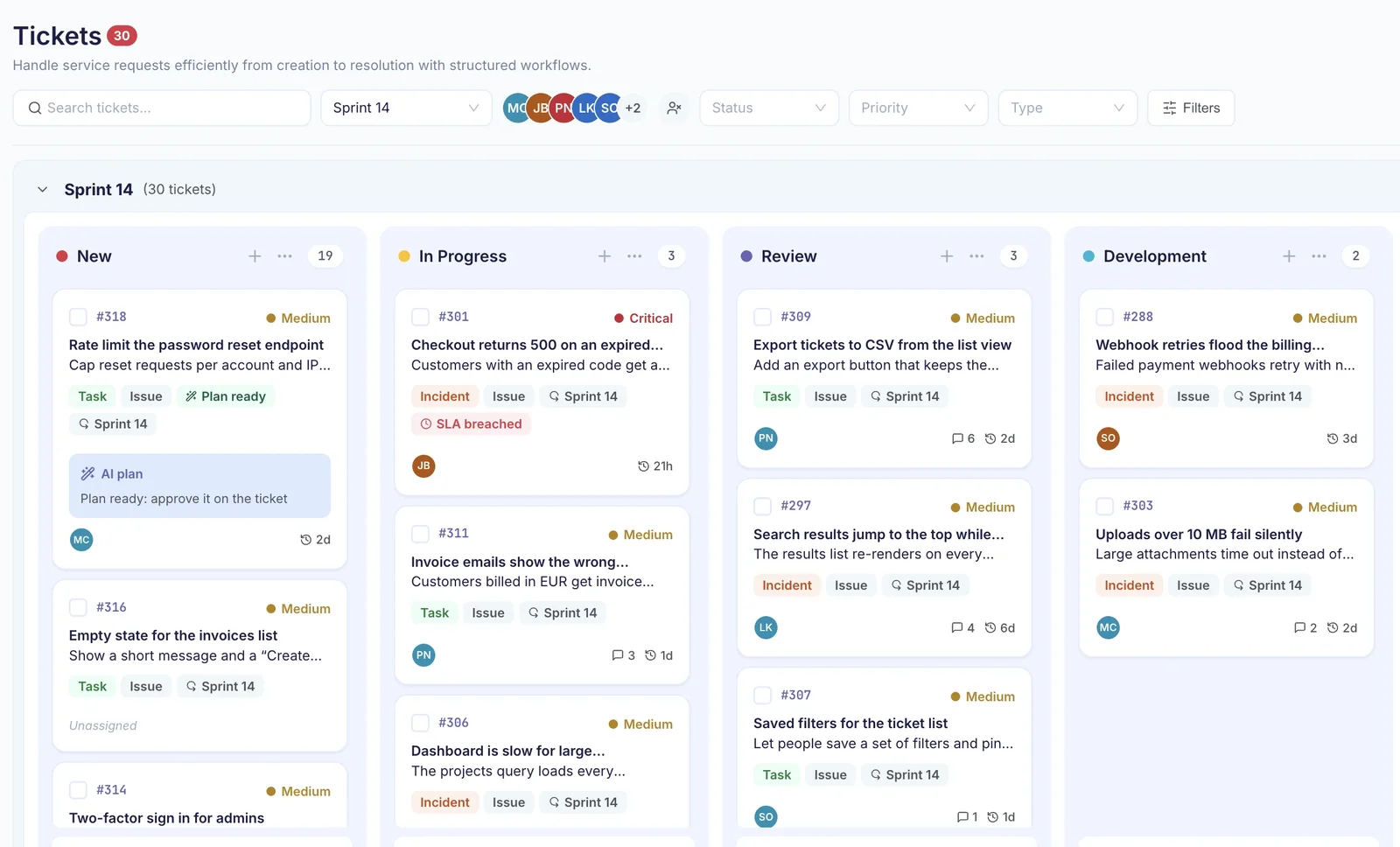 The ticket board: a sprint of tickets in New, In Progress and Review, with priorities, tags and an AI plan waiting for approval