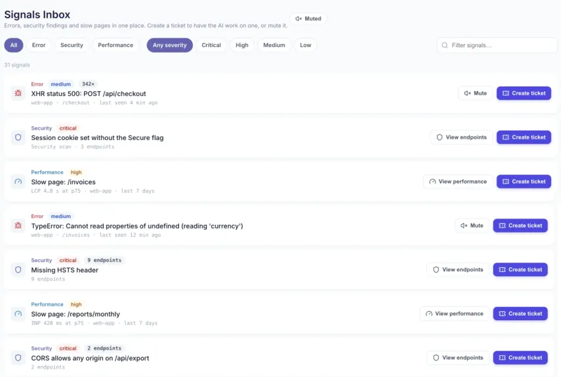 Signals Inbox med fejl, sikkerhedsfund og langsomme sider, og en ticket oprettet fra en af dem