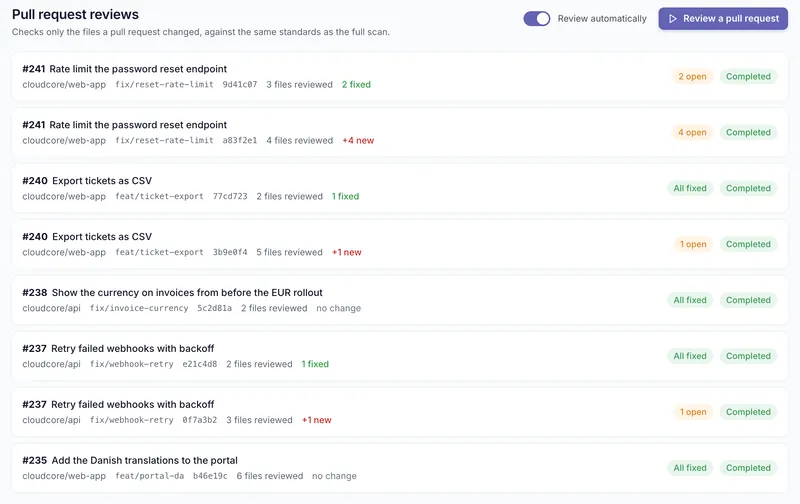 Pull request-reviews for webappen: hvert push gennemgås igen, med de fund, der er rettet siden sidste push, og dem, der stadig er åbne