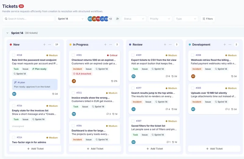 The ticket board for Sprint 14, with an AI plan waiting for approval and an SLA timer counting down