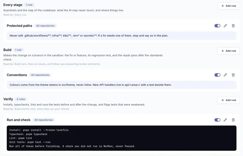 The project playbook with protected paths, conventions and test commands, loaded into a Claude Code session