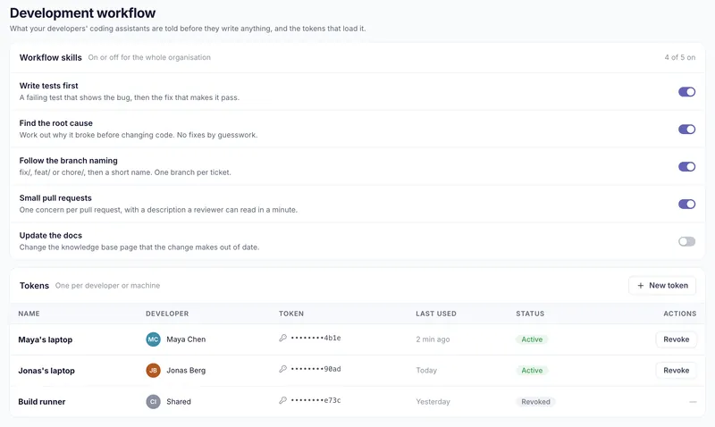 Workflow-skills slået til for hele organisationen og et token for hver udvikler eller maskine, hvoraf ét er tilbagekaldt